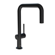 Matte black U-shaped kitchen faucet with single lever handle and pull-down spray head.