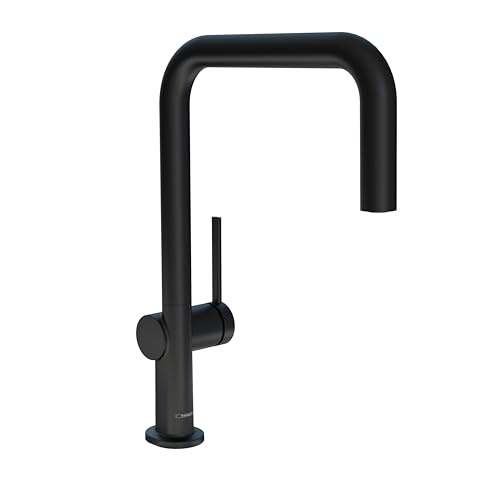 Matte black U-shaped kitchen faucet with single lever handle and pull-down spray head.