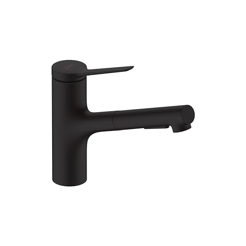 Matte black kitchen faucet with single curved handle and pull-out spray nozzle.