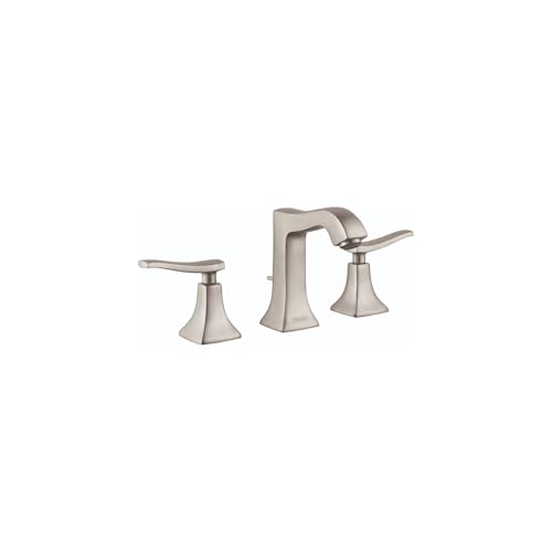 Brushed nickel three-piece widespread bathroom faucet with lever handles and arched spout.