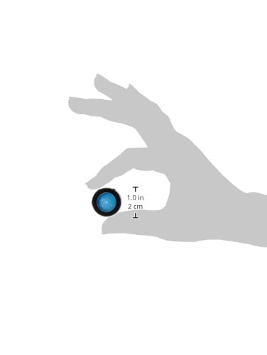 Small chrome flow control cartridge with blue center held in hand for scale, approximately 2 cm diameter.