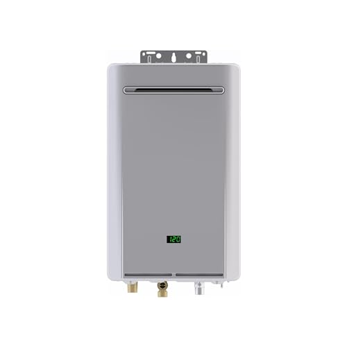 Silver rectangular tankless water heater with digital display and connection ports at bottom.