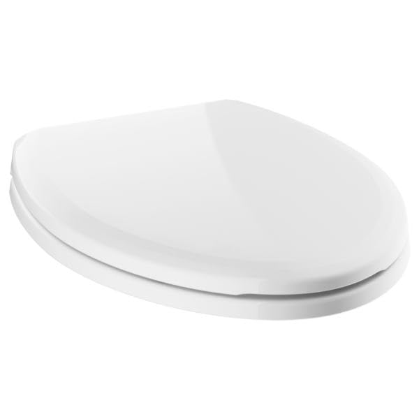 White elongated toilet seat with slow-close lid and hinge hardware visible.