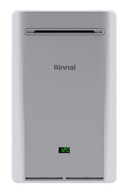 Silver Rinnai tankless water heater with digital display showing temperature and ventilation slots at bottom.