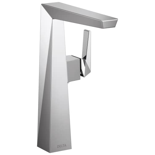Chrome single-handle vessel bathroom faucet with tall tapered body and angular spout.