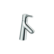 Chrome single-hole bathroom faucet with curved spout and lever handle.