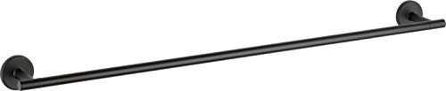 Black metal towel bar with circular wall mounts at each end, approximately 30 inches long.