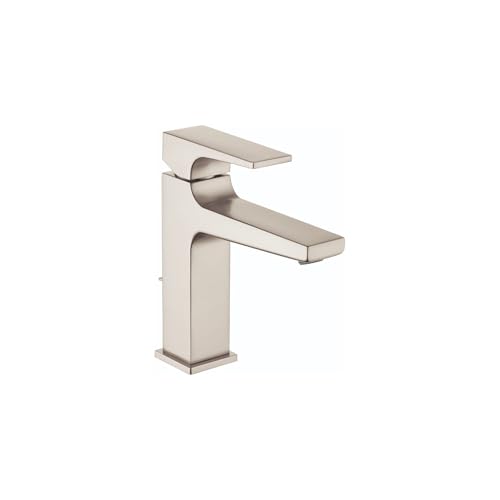 Brushed nickel single-hole bathroom faucet with rectangular lever handle and curved spout.