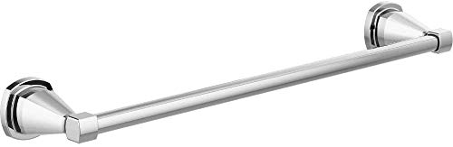 Polished chrome towel bar with cylindrical mounting brackets on white background.
