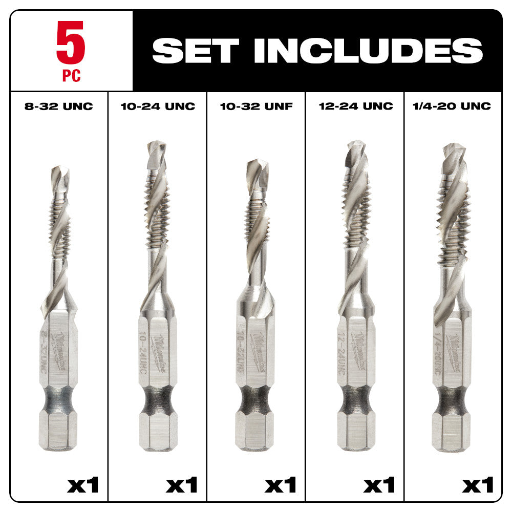 Five metallic impact drill taps in SAE sizes: 8-32 UNC, 10-24 UNC, 10-32 UNF, 12-24 UNC, and 1/4-20 UNC.
