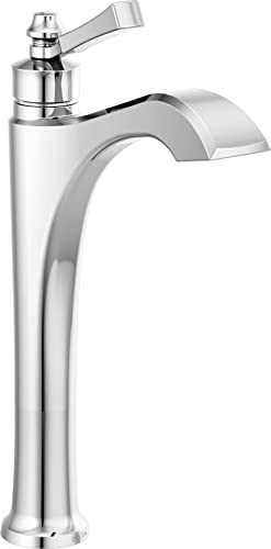 Chrome single-handle vessel bathroom faucet with curved spout and lever handle.