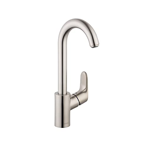 Steel Optic bar faucet with high curved spout and single lever handle.