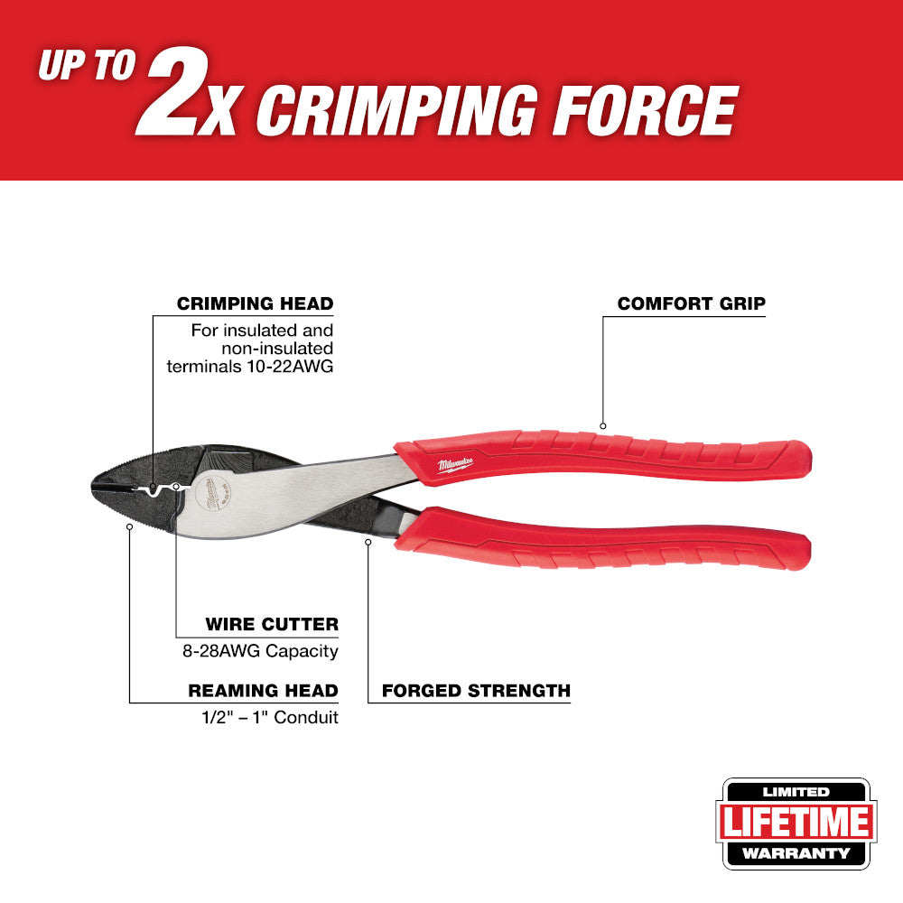 Red and black Milwaukee crimping pliers with labeled crimping head, wire cutter, reaming head, comfort grip, and forged stren