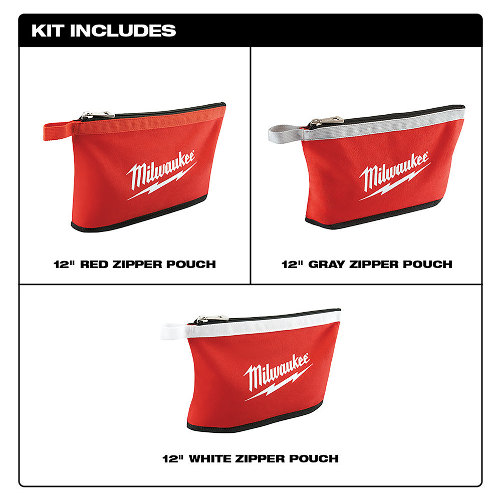 Three Milwaukee canvas zipper pouches in red, gray, and white with black trim and carrying handles.