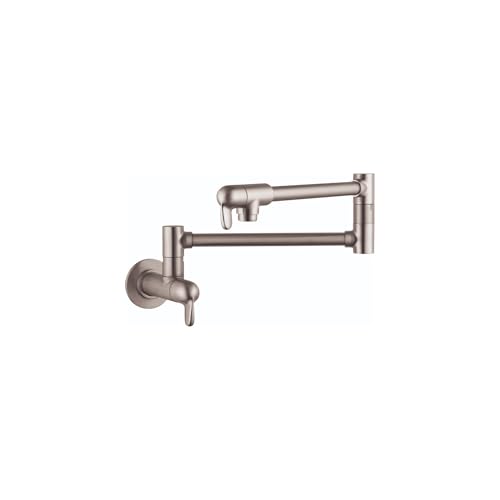 Wall-mounted pot filler faucet in brushed steel with dual articulating arms and single lever handle.