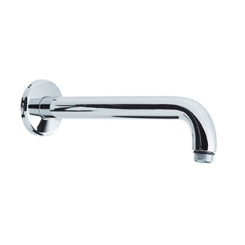 Rubbed bronze shower arm with curved spout and round wall mount connector.