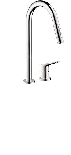 Chrome kitchen faucet with tall curved spout, pull-down spray head, and single lever handle.