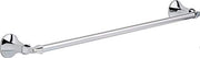 Chrome towel bar with cylindrical end caps mounted horizontally.