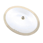 Oval undercounter lavatory sink with white interior, bisque-colored rim, and single faucet hole.