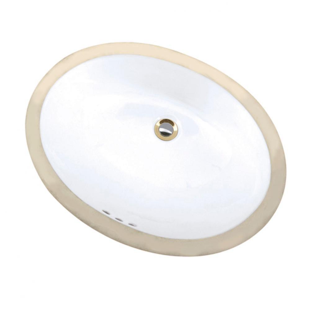 Oval undercounter lavatory sink with white interior, bisque-colored rim, and single faucet hole.