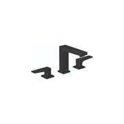 Matte black three-piece widespread bathroom faucet with lever handles and rectangular spout.