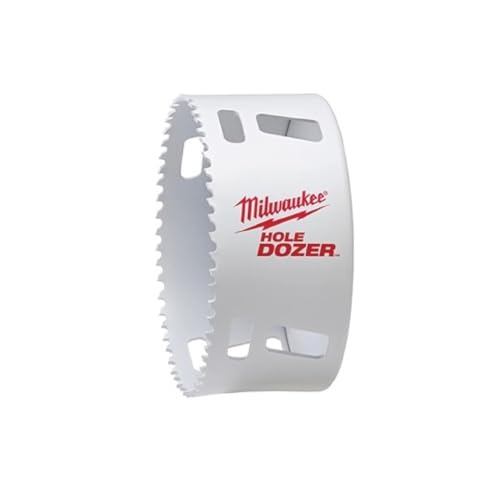 Milwaukee HOLE DOZER bi-metal hole saw with serrated cutting edge and ventilation slots on white cylindrical body.
