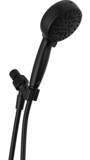 Matte black hand shower with multiple spray settings and adjustable bracket mount, featuring textured spray head and flexible