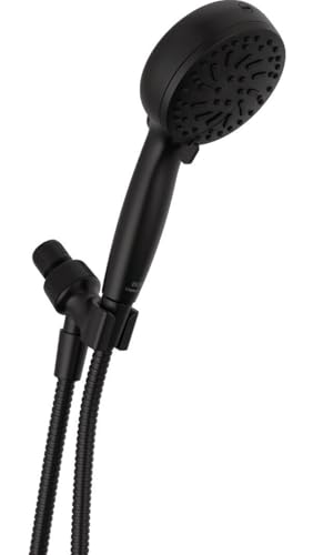 Matte black hand shower with multiple spray settings and adjustable bracket mount, featuring textured spray head and flexible