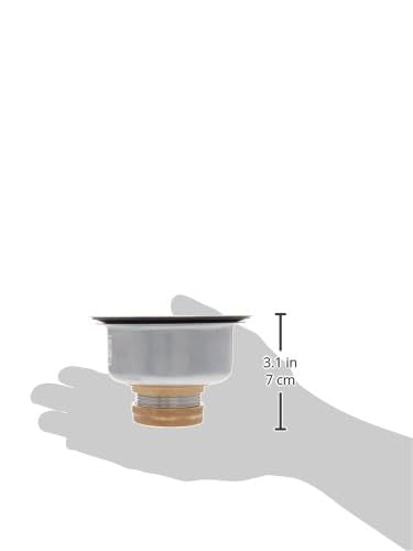 Stainless steel basket strainer with rubber seal and threaded brass connector, shown at 3.1 inches tall in scale view.