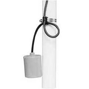 Black cord with gray cylindrical float switch suspended from white vertical pipe.