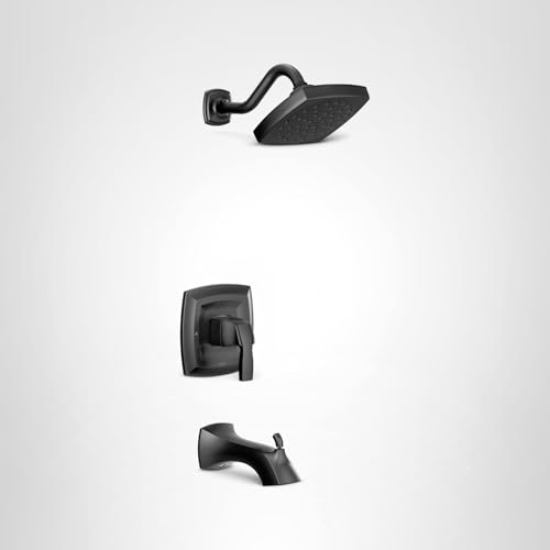 Black tub and shower trim kit with single handle valve, showerhead, and tub spout.