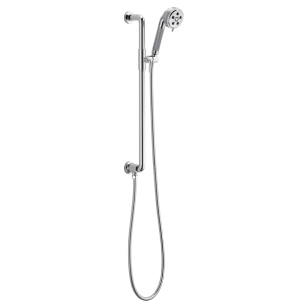 Chrome slide bar shower system with handheld showerhead and adjustable wall mount.