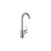 Chrome bar faucet with curved spout and single lever handle.