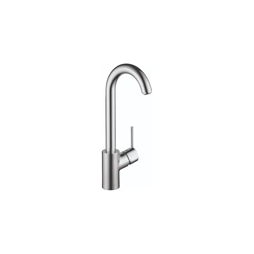 Chrome bar faucet with curved spout and single lever handle.