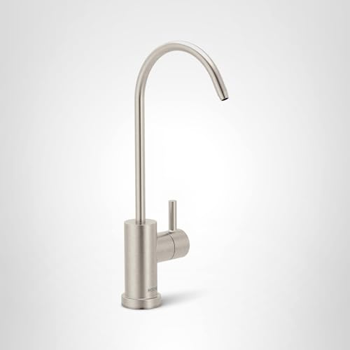 Stainless steel drinking water faucet with tall curved spout and single lever handle on cylindrical base.