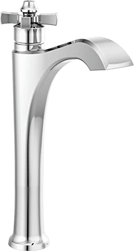 Chrome single-handle vessel bathroom faucet with curved spout and cross handles.