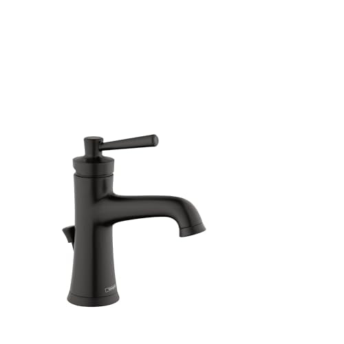 Matte black single-hole bathroom faucet with cylindrical body, curved spout, and lever handle.