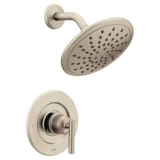 Brushed nickel rainshower head with multiple spray holes and matching lever handle valve trim for bathtub installation.