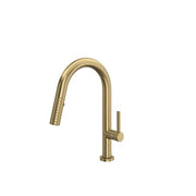 Antique gold pull-down kitchen faucet with curved spout and single lever handle.
