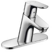 Brushed nickel single-hole bathroom faucet with curved spout and lever handle.
