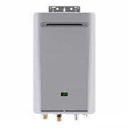 Silver rectangular tankless water heater with digital display, slot vent, and brass connection ports at base.