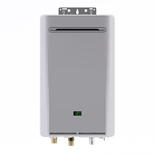Silver rectangular tankless water heater with digital display, outlet slots, and brass connection ports at base.