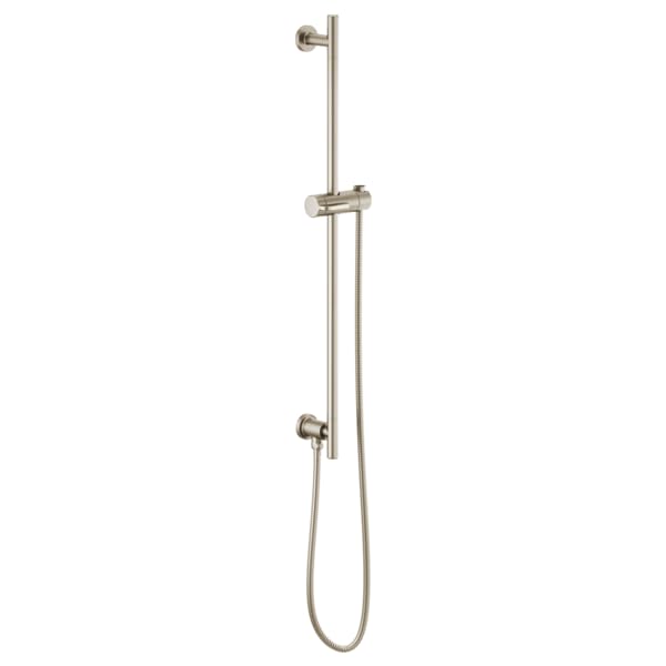 Brushed nickel vertical slide bar with round handshower, adjustable holder, and hose attachment.