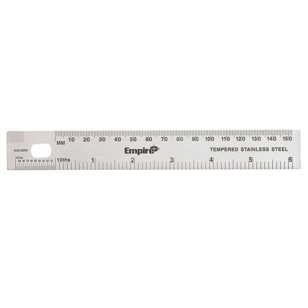 Stainless steel ruler with metric and imperial measurements, marked with "Empire" branding and "Tempered Stainless Steel" tex