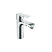 Chrome single-hole bathroom faucet with curved spout and cylindrical body.