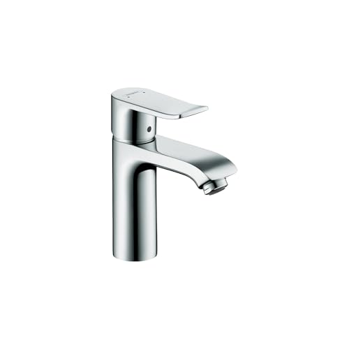 Chrome single-hole bathroom faucet with curved spout and cylindrical body.