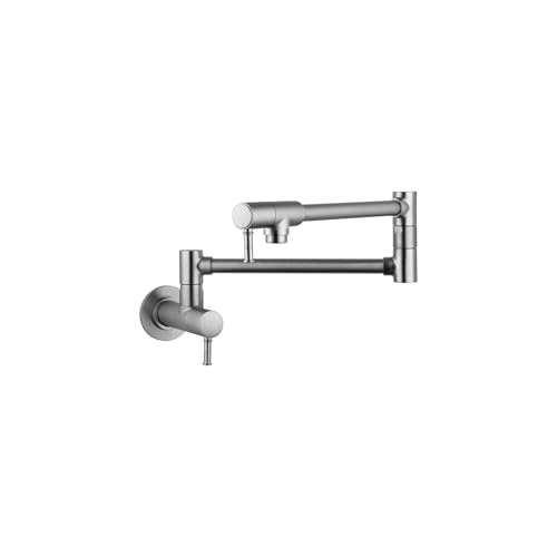 Wall-mounted pot filler faucet in brushed stainless steel with articulating arm and single lever handle.