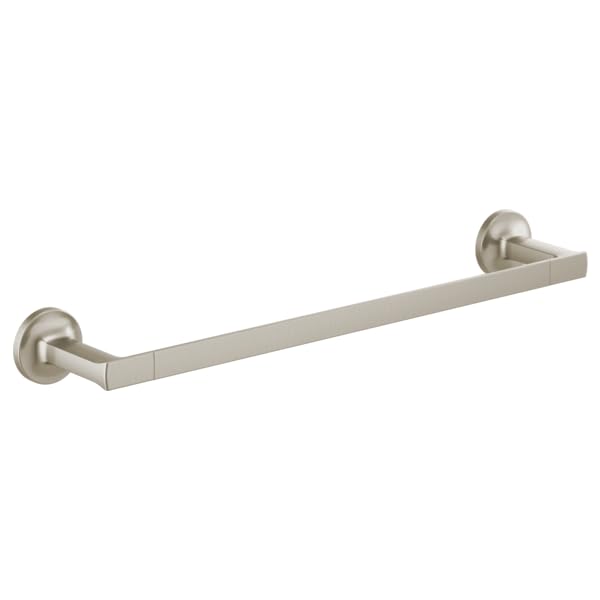 Brushed nickel towel bar with circular wall mounts and rectangular horizontal bar.