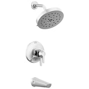 Chrome showerhead with overhead arm, white trim plate with single-lever handle, and white tub spout.