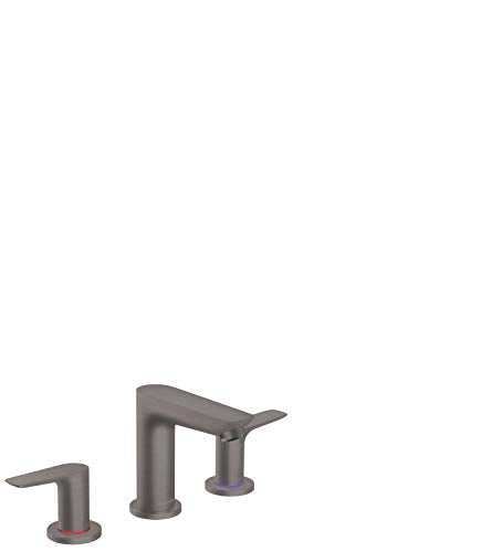 Brushed black chrome three-piece widespread bathroom faucet with dual handles and pop-up drain.